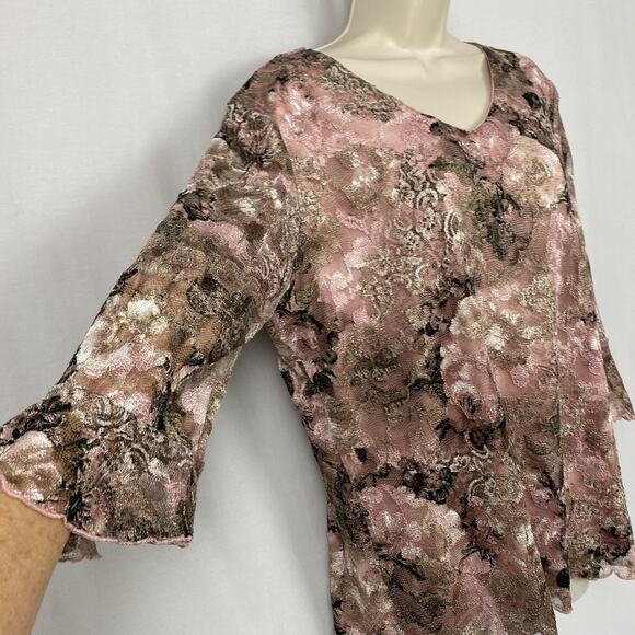 Dressbarn Top 1X Pink Floral Lace Bell Sleeve Sheer Layers Fairy Grunge Vtg Y2K - Picture 3 of 14
